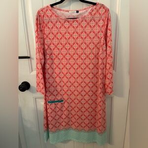 Cabana Life Pink and White with teal trim. Long Sleeve Dress, XL, EUC, like new!